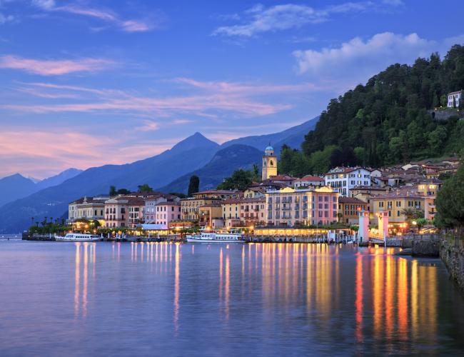 twilight scene of Varenna along the shores of Lake Como, Italy
