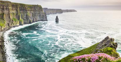 Looking out to see over the Cliffs of Moher in Southern Ireland.