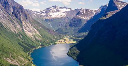 A view of Geiranger Fjord in Norway, one of the world's largest, on a bright sunny day.