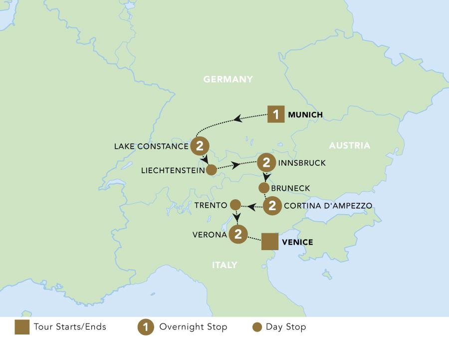 Alpine Escape: Germany, Austria and Italy map tour map 2025.