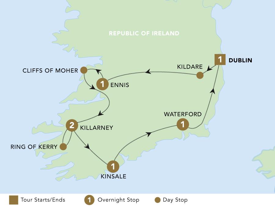 Corners of Southern Ireland tour map 2025.