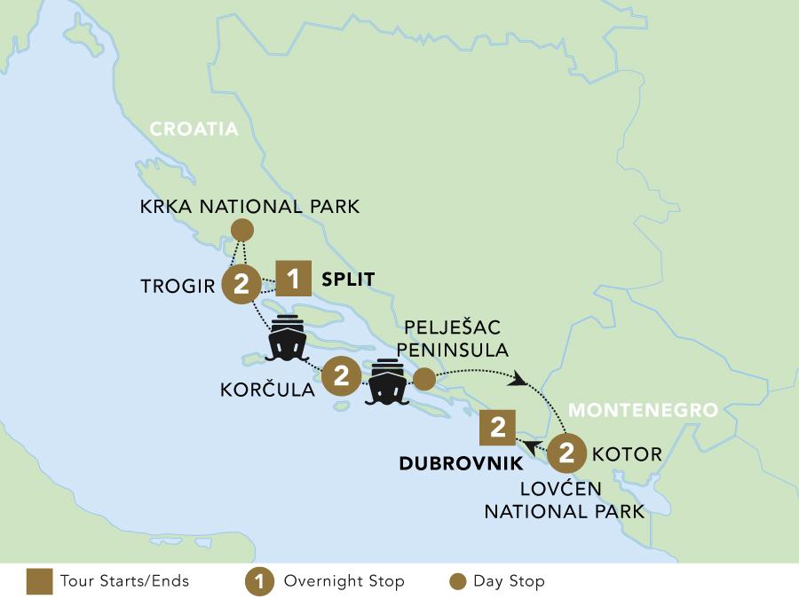 Croatia and the Dalmatian Coast tour map 2025.