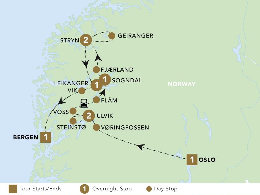 Norway: Fjords and Glaciers tour map 2025.