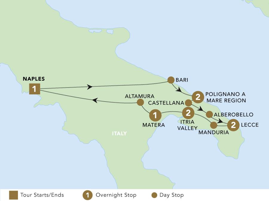 Secrets of Puglia tour map 2025