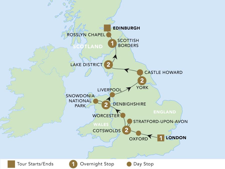 Highlights of Britain tour map 2025.