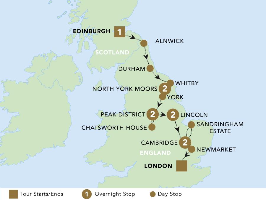 Enchanting Eastern England tour map 2025.