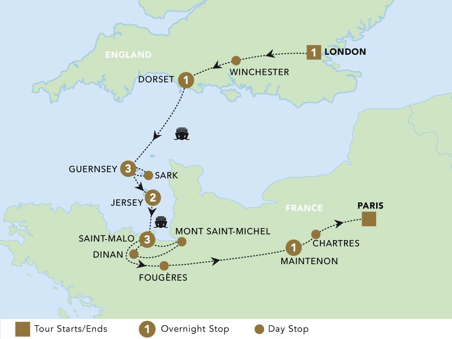 London to Paris via the Channel Islands 2025 map