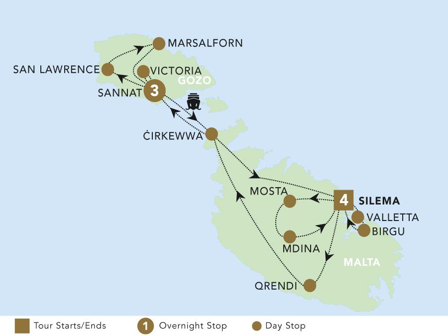 Malta Highlights tour map 2025.