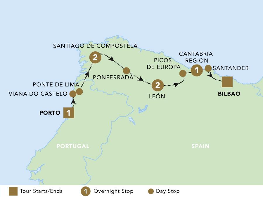 A Taste of the Camino: Porto to Bilbao tour map 2025.