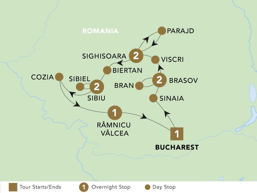Romania: Mountains to Monasteries 2025 map.