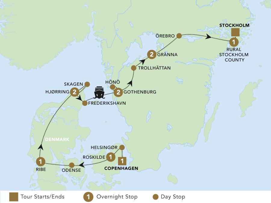 A Scandinavian Journey: Denmark to Sweden tour map.
