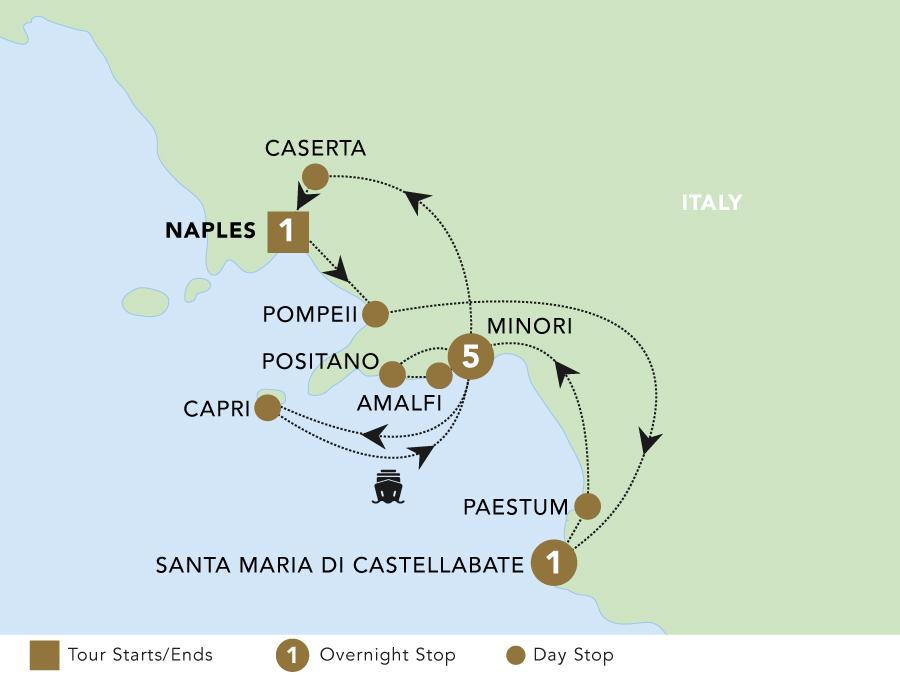 Enchanting Southern Italy tour map 2025.