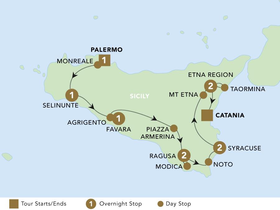 Splendours of Sicily tour map 2025.