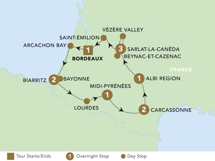 Jewels of Southwest France tour map 2025