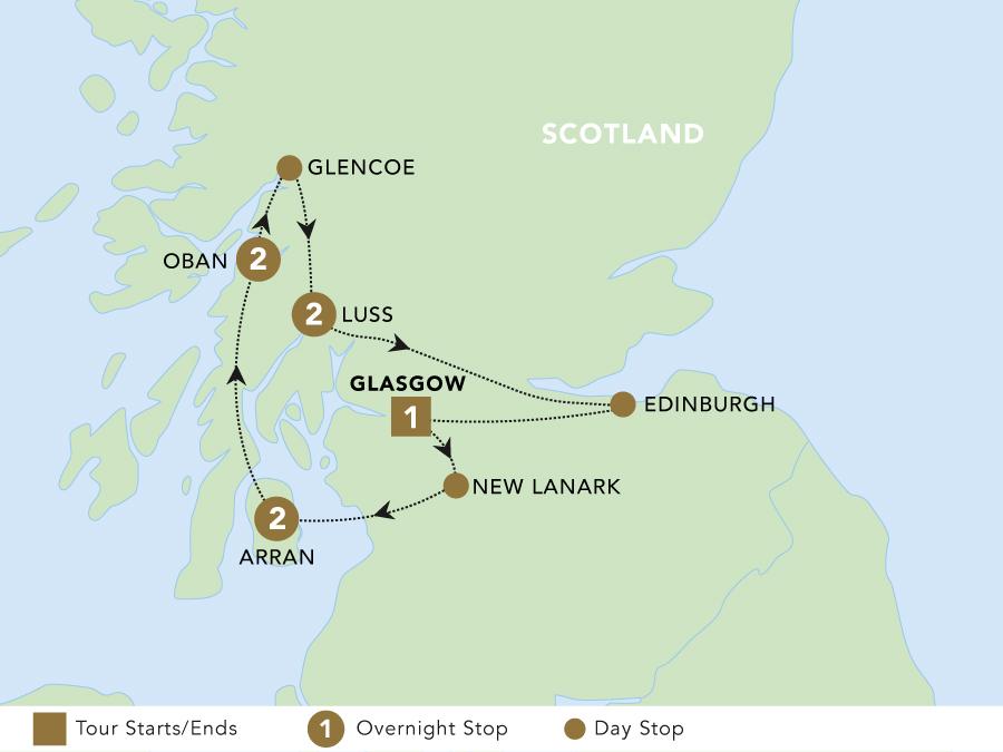 Scotland: Lochs and Landscapes tour map 2025.
