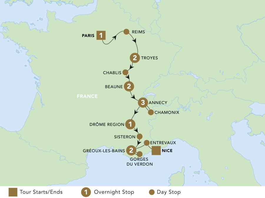Paris to Nice Through Vineyards and Mountains map 2025