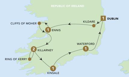 Corners of Southern Ireland tour map 2025.