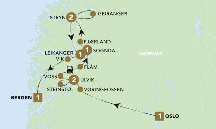 Norway: Fjords and Glaciers tour map 2025.