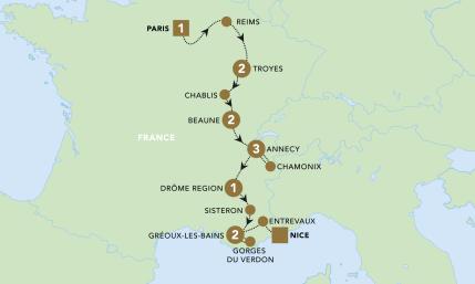Paris to Nice Through Vineyards and Mountains map 2025