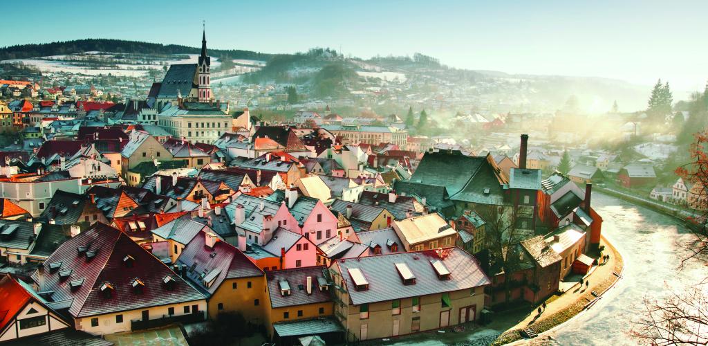 Old town and river aerial shot