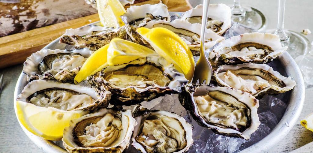 plate of freshly shucked oysters with lemon slices