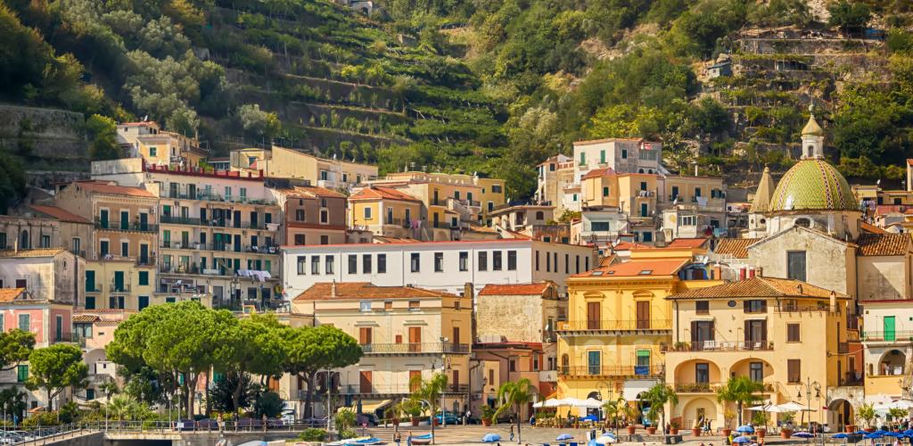 Beach and town scene of Maiori, Amalfi Coast
