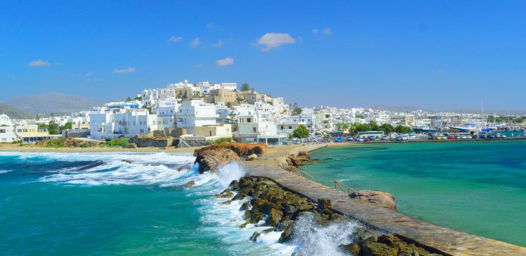 View of sea and town on island of Naxos