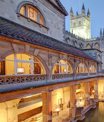 An interior view of the roman baths located in the city of Bath in England.