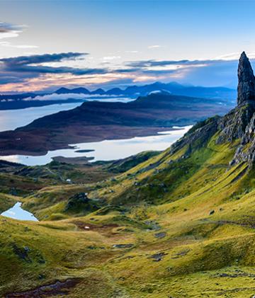 A view from the peak of The Storr mountain peak on the Isle of Skye.