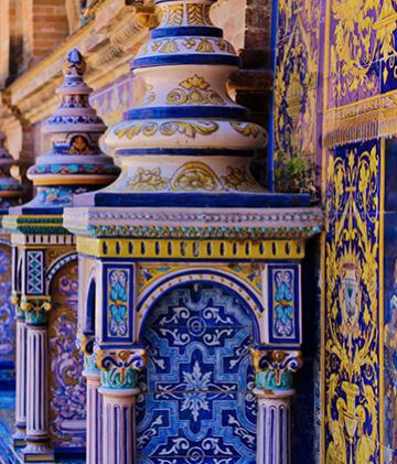 Blue exotic Spanish tiles on display at the Plaza de España.