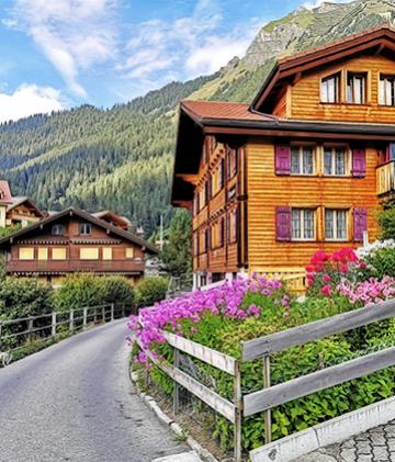 Large houses in a small mountain town in Switzerland.